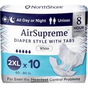 NorthShore AirSupreme Incontinence Tab-Style Briefs for Men and Women, 2X-Large, Pack/10