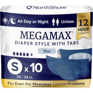 NorthShore MegaMax 12-Hour HBL Adult Diapers for Heavy Bladder Leaks, Medium, 10 Count, White, 32-44 inches, Tab-Style Incontinence Underwear for Men, Women & Teens(Blue)