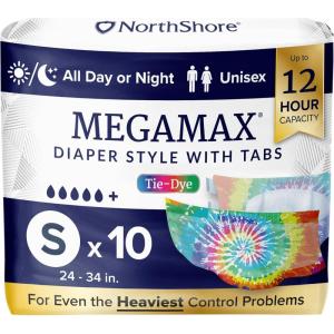 NorthShore MegaMax 12-Hour HBL Adult Diapers for Heavy Bladder Leaks, Medium, 10 Count, White, 32-44 inches, Tab-Style Incontinence Underwear for Men, Women & Teens(Tie-dye)