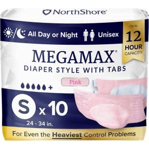 NorthShore MegaMax 12-Hour HBL Adult Diapers for Heavy Bladder Leaks, Medium, 10 Count, White, 32-44 inches, Tab-Style Incontinence Underwear for Men, Women & Teens(Pink)