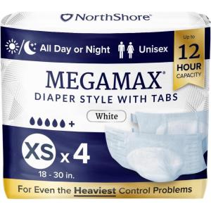 NorthShore MegaMax 12-Hour HBL Adult Diapers for Heavy Bladder Leaks, Medium, 10 Count, White, 32-44 inches, Tab-Style Incontinence Underwear for Men, Women & Teens(White)