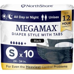 NorthShore MegaMax 12-Hour HBL Adult Diapers for Heavy Bladder Leaks, Medium, 10 Count, White, 32-44 inches, Tab-Style Incontinence Underwear for Men, Women & Teens(Black)