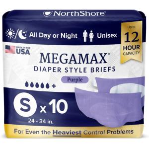 NorthShore MegaMax 12-Hour HBL Adult Diapers for Heavy Bladder Leaks, Medium, 10 Count, White, 32-44 inches, Tab-Style Incontinence Underwear for Men, Women & Teens(Purple)