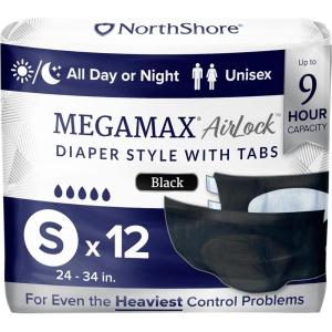 NorthShore MegaMax AirLock Breathable 9-Hour HBL Adult Diapers for Heavy Bladder Leaks, Medium, 12 Count, Black, 32-44 inches, Tab-Style Incontinence Underwear for Men, Women & Teens(Black)