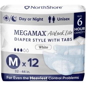 NorthShore MegaMax AirLock Lite Breathable 6-Hour Tab-Style Adult Diapers, Medium, 12 Count Bag, White, 32-44 inches, Unisex Incontinence Underwear(White)